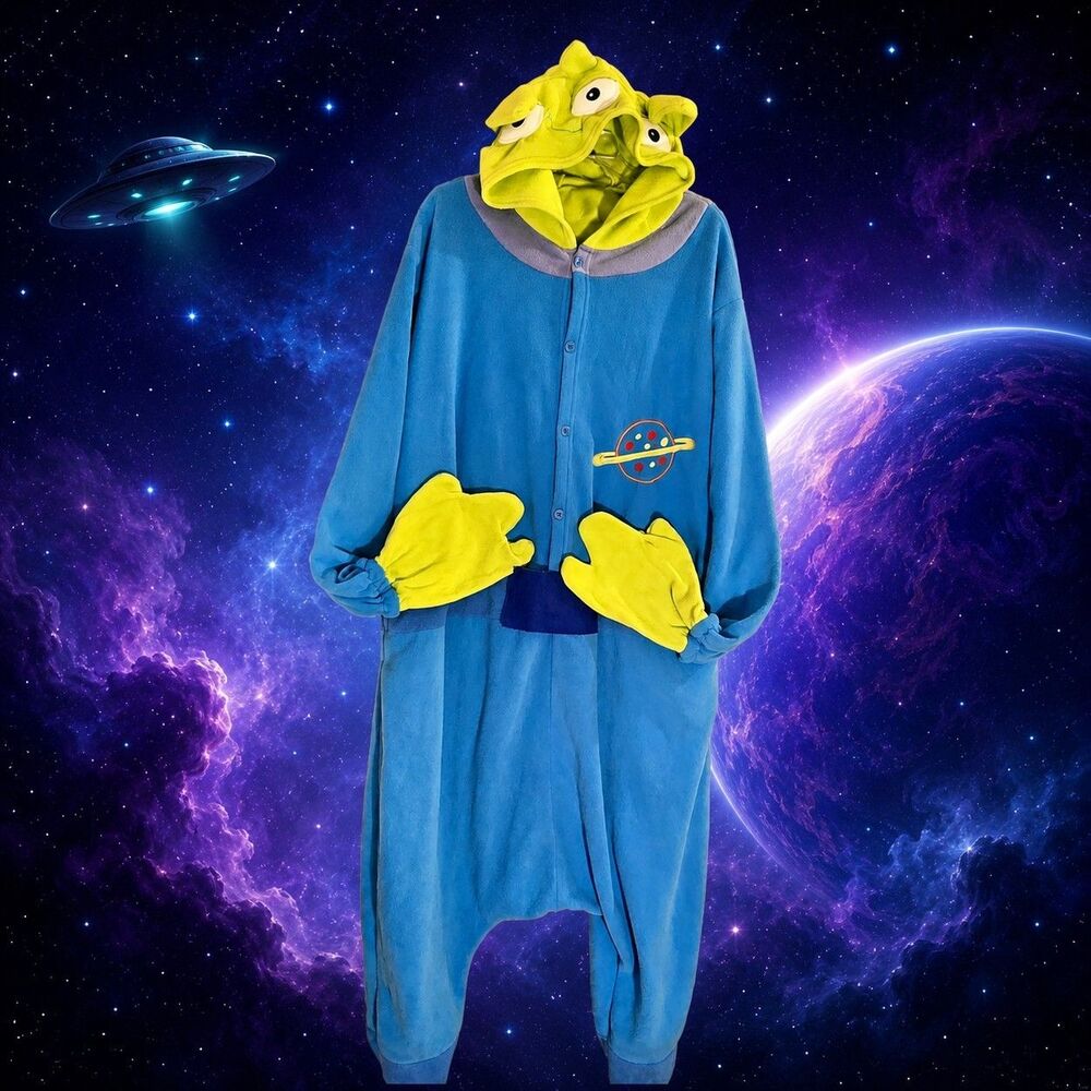 Three Eyed Alien Costume Adult Large Size L Blue Hooded Jumpsuit Toy Story C33